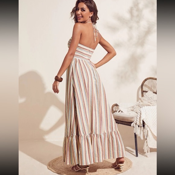 NWT SHEIN VCAY Cutout Detail Striped Ruffle Hem Halter Dress - Picture 2 of 4